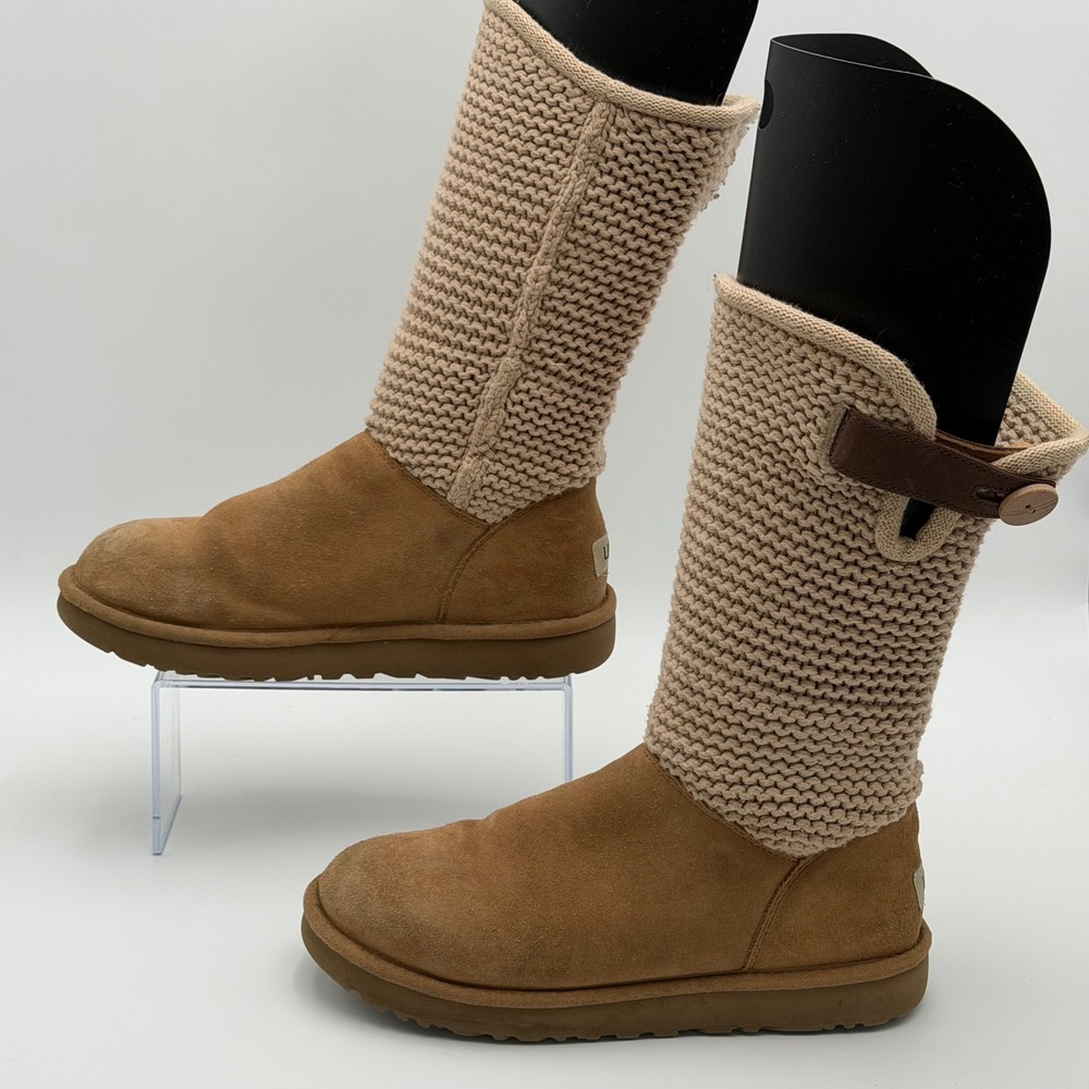 UGG Shaina Womens 10 Chestnut Suede Knit Convertible Cuff Tall Boots 1012534